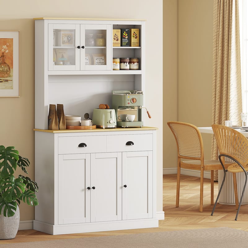 HOMCOM Kitchen Pantry Storage Cabinet with Microwave Stand, 71" Modern Kitchen Hutch with Glass Doors, Storage Drawers - White