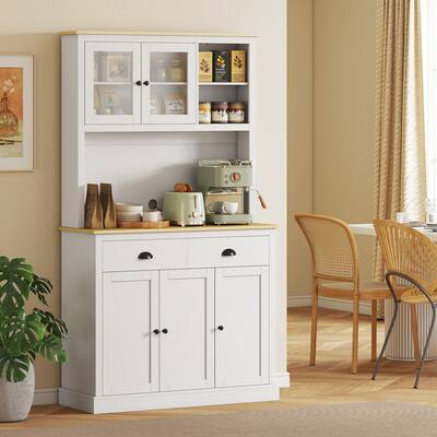 HOMCOM Kitchen Pantry Storage Cabinet with Microwave Stand, 71" Modern Kitchen Hutch with Glass Doors, Storage Drawers