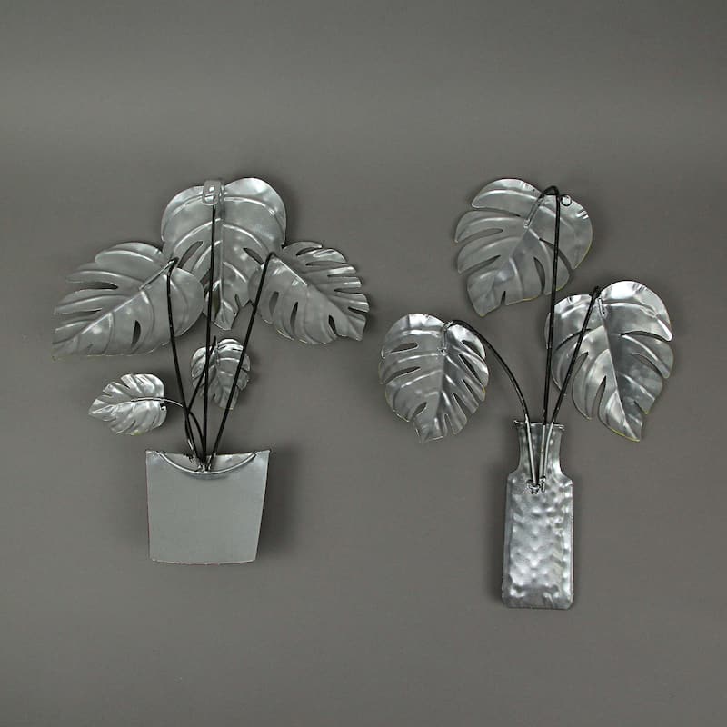 Zeckos Metal Tropical Monstera Potted Plant Wall Sculptures (Set Of 2)