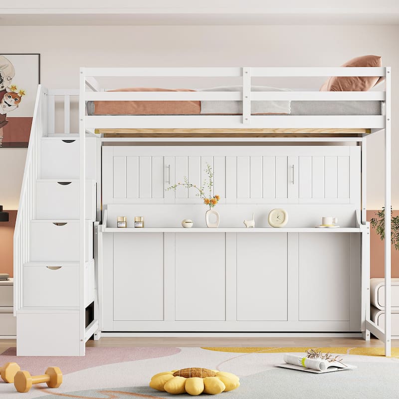 Roomfitters Full Over Full Murphy Bunk Bed with Hydraulic Lift, Foldable Desk and Storage Cabinet - White - Full