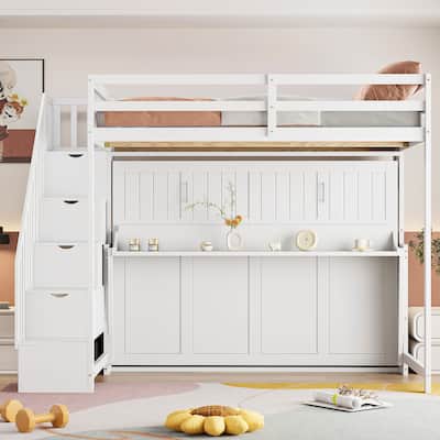 Unique Full Over Full Size Murphy Bed w/ Hydraulic Lift & Desk Design for Bedroom Apartment, White