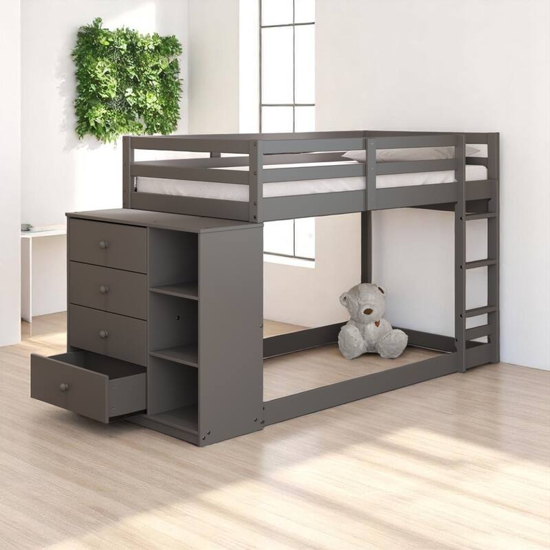Twin Loft Bed/bunk bed with Storage Drawers and Shelves with Ladder and Guard Rail, Slat Support, No Box Spring Needed