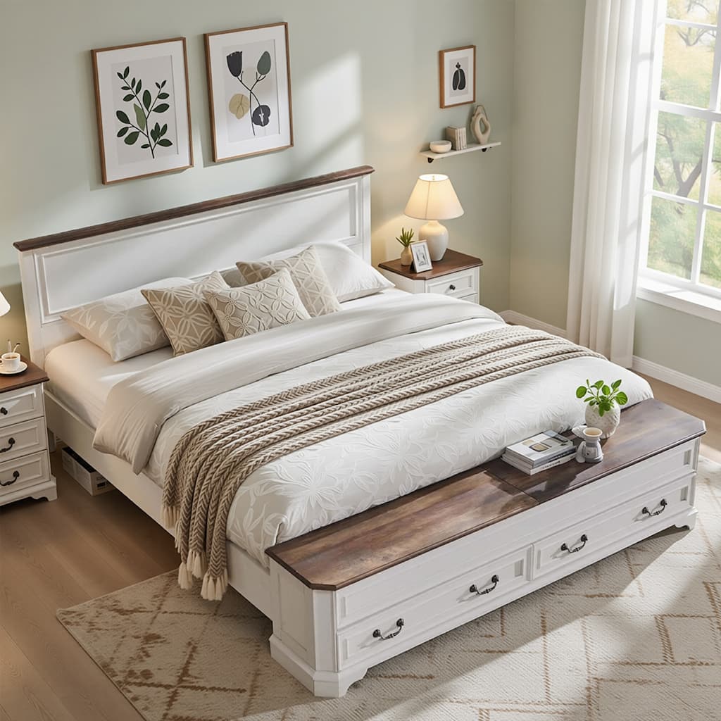 Farmhouse Bed Frame w/ Headboard & Storage Bench, Wood Platform Bed
