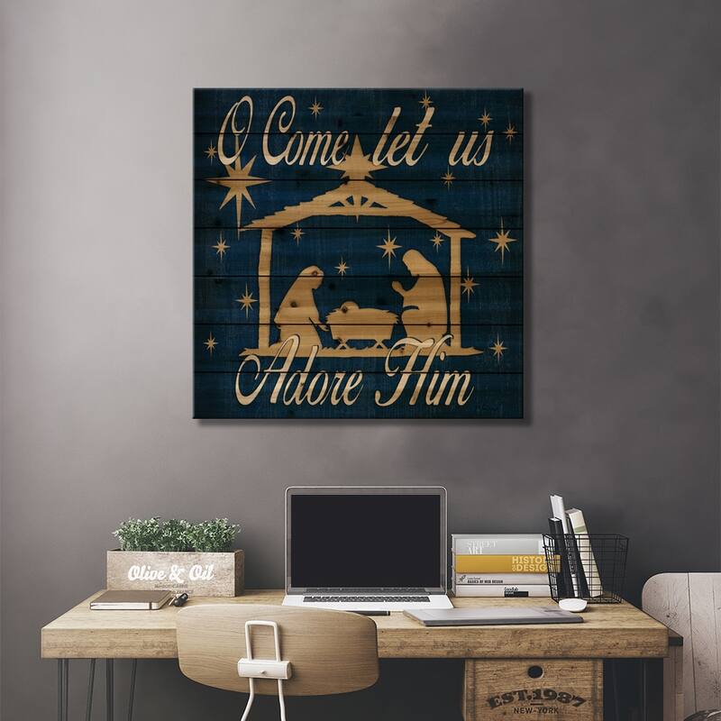 Adore Him Nativity Navy Print On Wood by Jen Killeen - Multi-Color