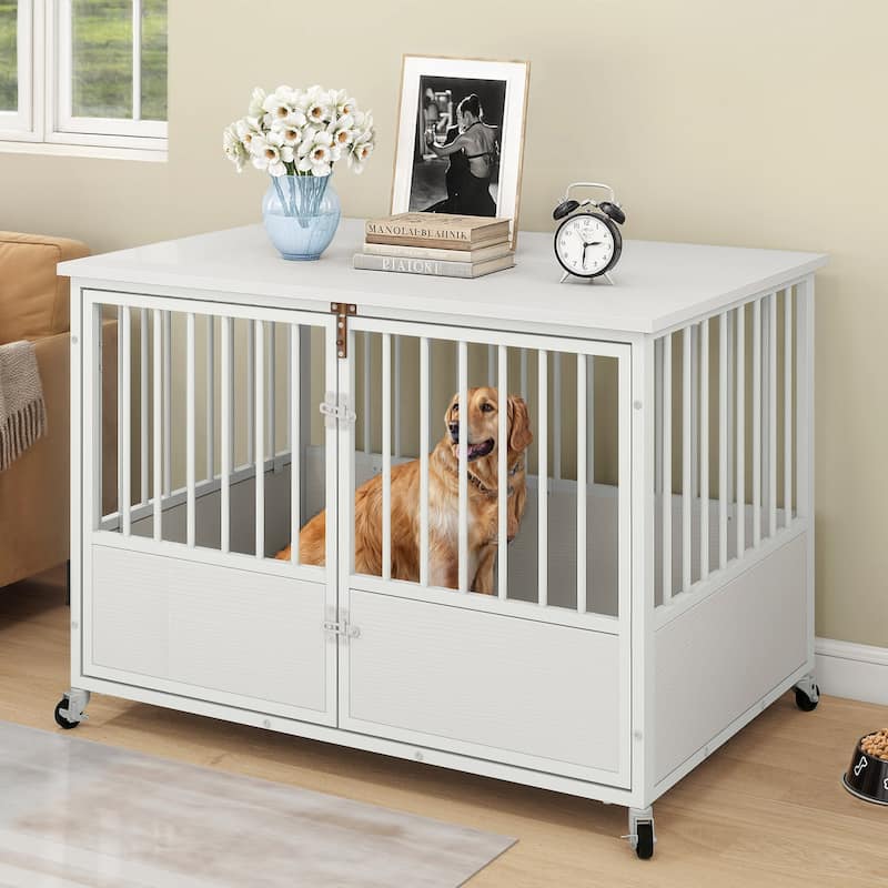 Moasis 38"/43" Dog Crate Furniture with Wheels & Double-Doors - 43" - White