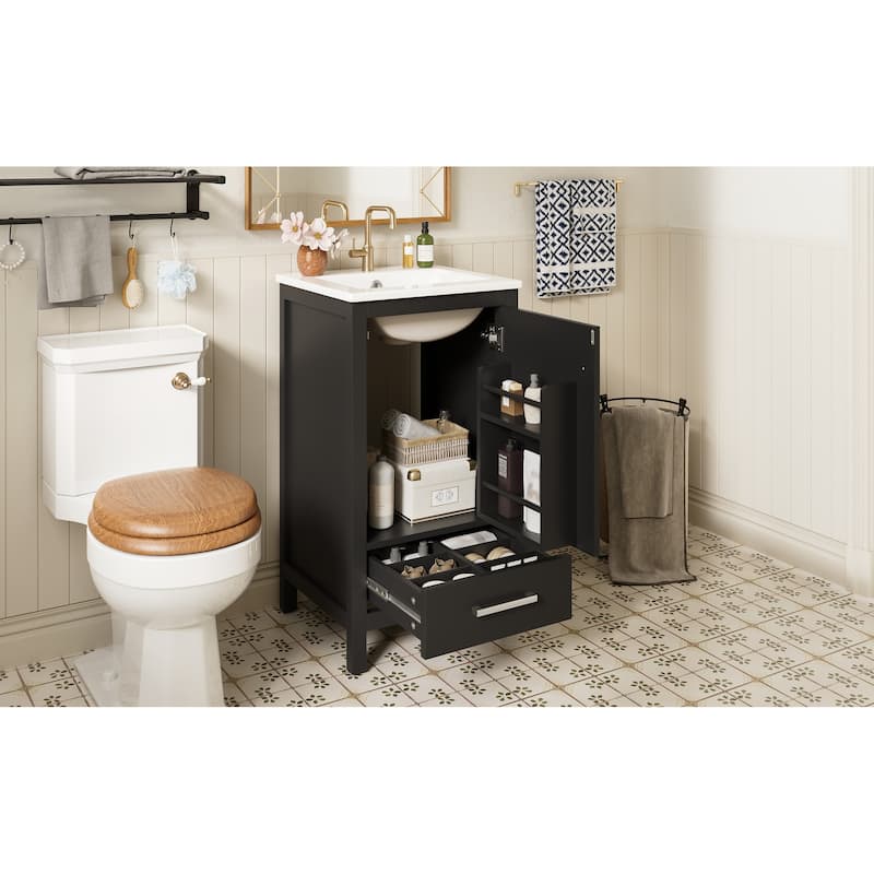 Roomfitters 18" Modern Bathroom Vanity with Ceramic Sink, Soft-Close Drawer, Divider Drawer and Door Organizer