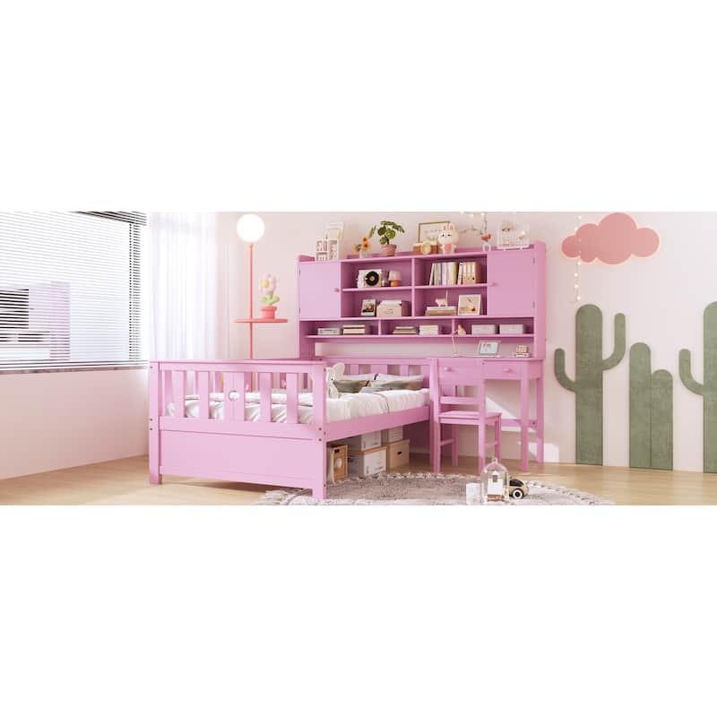 Pink Twin Size Multifunctional Wood Platform Bed with Bookshelf,Built-in Desk and Matching Chair