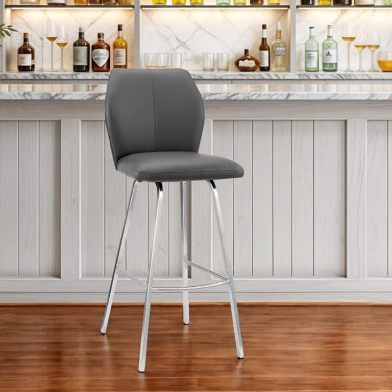 Grey Faux Leather Counter Height Bar Chair with Silver Iron Frame and Full Back - 22” x 17” x 38” (D x W x H)