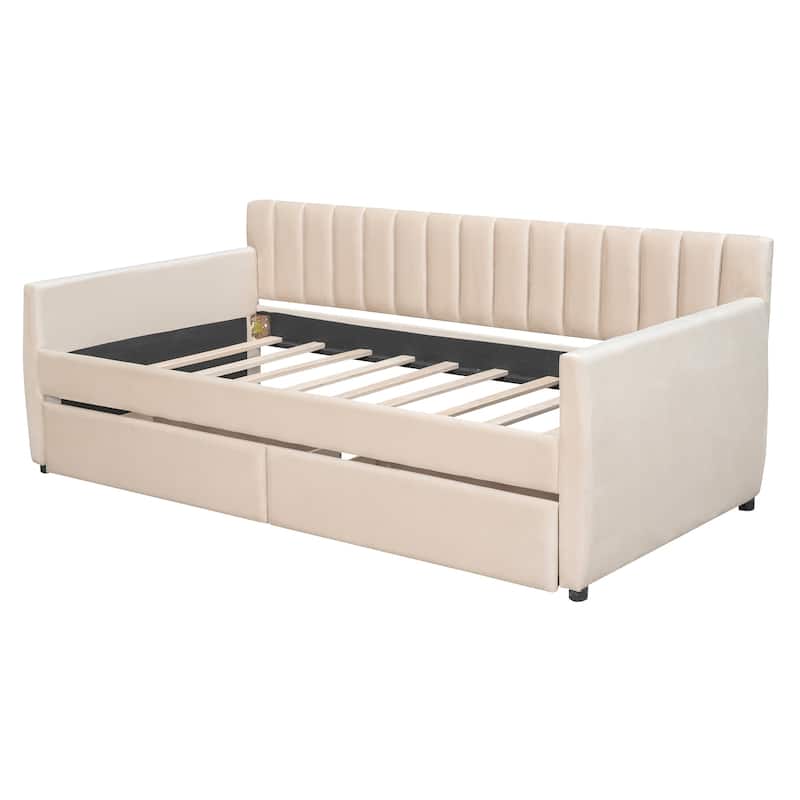 Twin Velvet Daybed with Trundle & Wood Slats