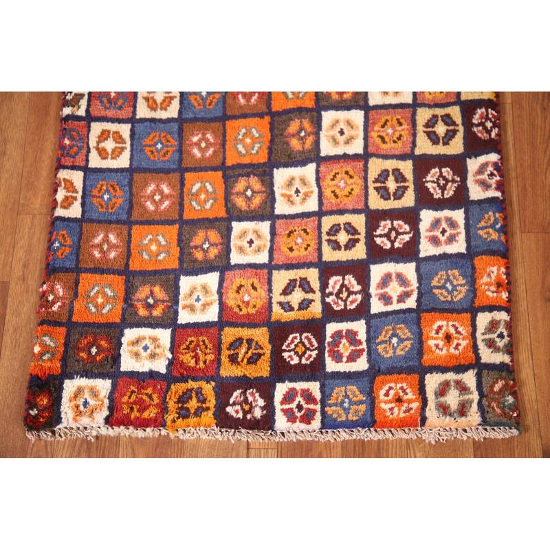 Checkered Gabbeh Persian Vintage Runner Rug Handmade Wool Carpet - 2'1"x 4'9"