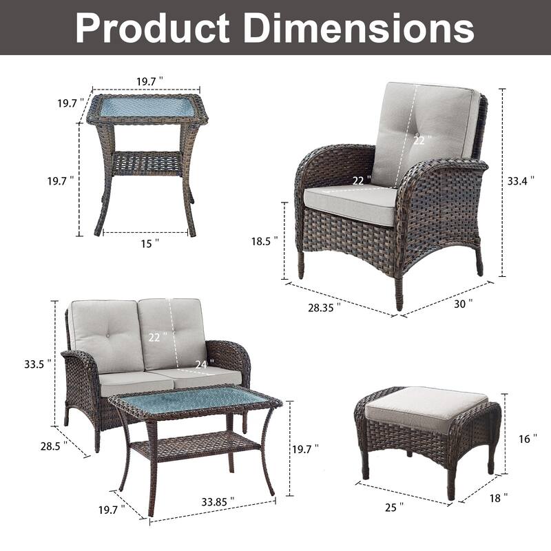 Rattan Sofa Coffee Table and Chair Ottoman for Backyard - Brown