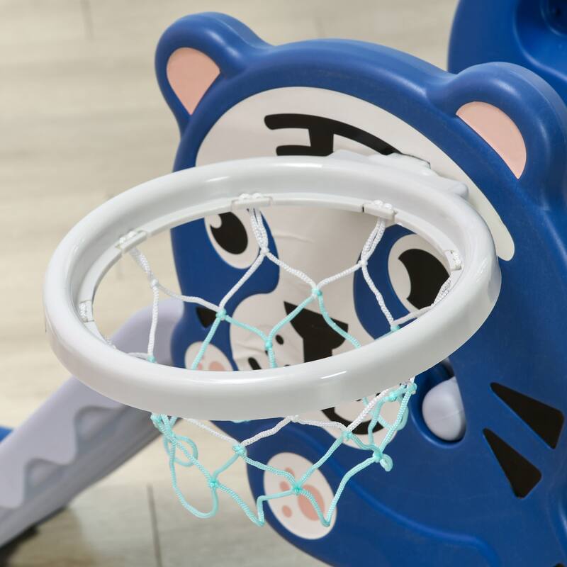 Kids Cartoon Pattern PE Indoor Slide with Basketball Hoop and Climber for Ages 18-36 Months - 52.25" L x 23.5" W x 27.5" H