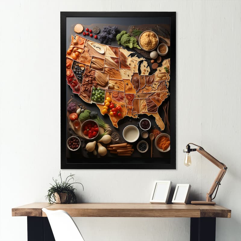 Designart "Usa Map Culinary Cartography " Usa Map Framed Canvas Prints - 12 in. wide x 20 in. high - Black
