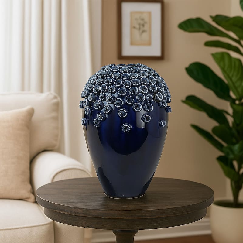 Decorative Vase, Glossy Deep Blue Ceramic, Coral Design, 15 Inch