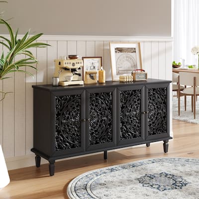 60" Antique Buffet Cabinet with Floral Carvings with Solid Wood Legs&Antique Brass Handles&Adjustable Shelves,TV Stand for 65'