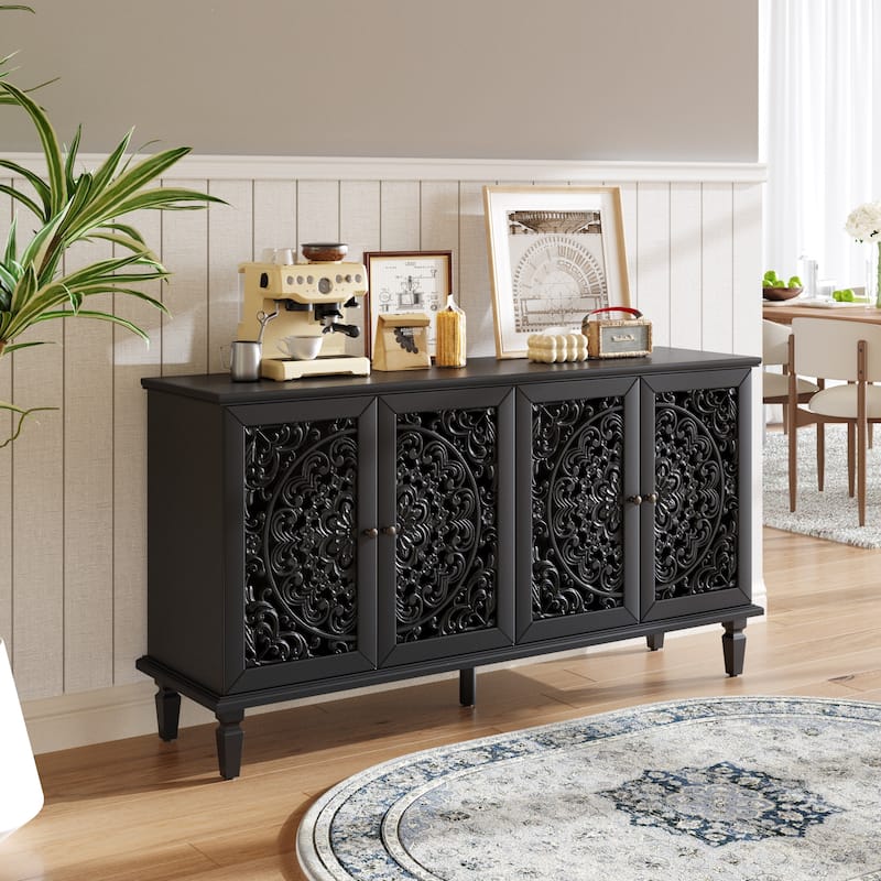 GDFStudio - 60" Antique Buffet Cabinet with Floral Carvings, Solid Wood Legs, Brass Handles & Adjustable Shelves - Black