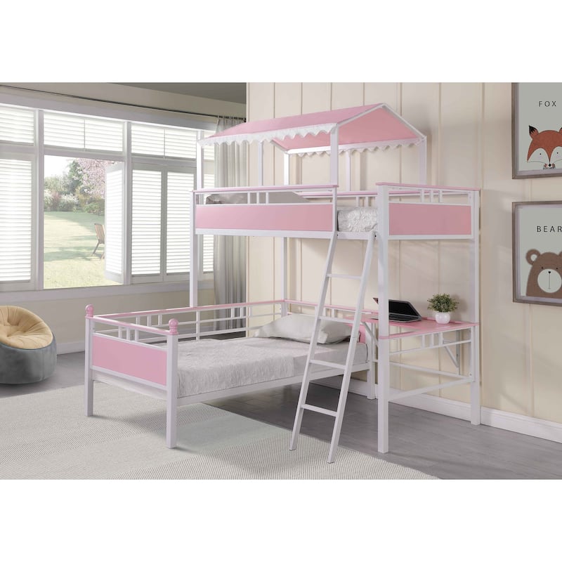 Alexia Pink and White Twin Over Twin Workstation Bunk Bed