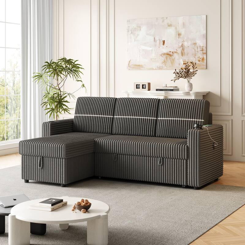 Pull-Out Sofa Bed with Storage Chaise, USB Port, and Cup Holders - 3-Seater Sleeper Couch