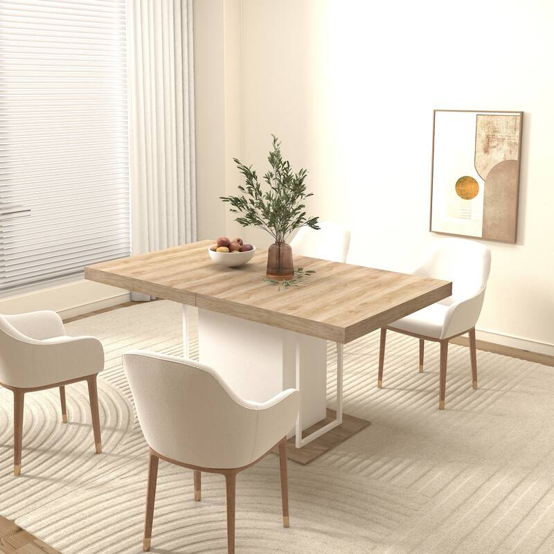 Extendable Dining Table, Wood Kitchen Table for 6-10 People, Large Home Office Table with Thick Top & Wide Feet