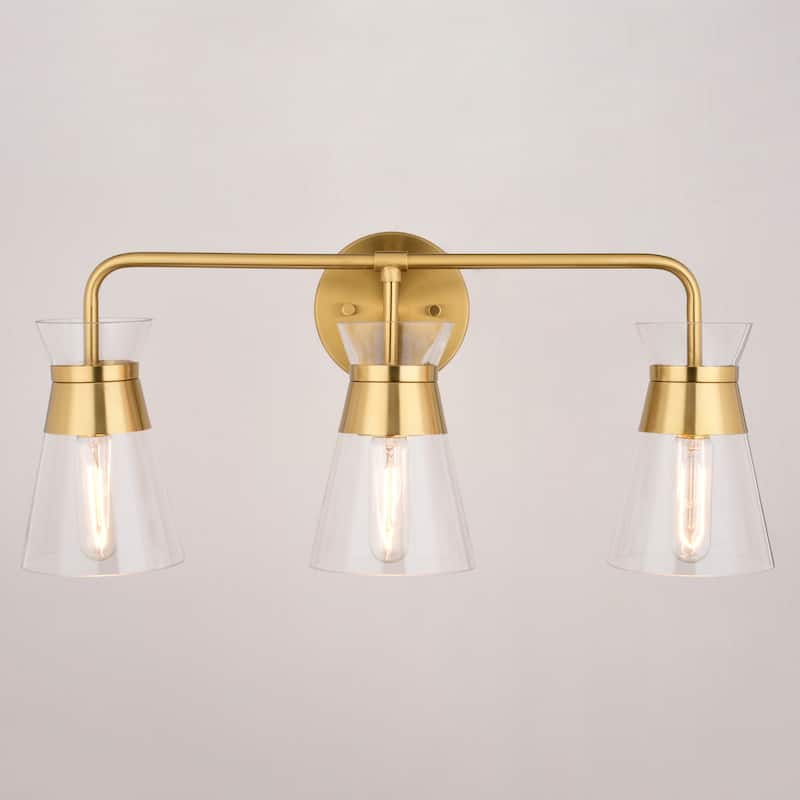 Harper Gold Brass Mid-Century Modern Bathroom Vanity Light Fixture Clear Glass