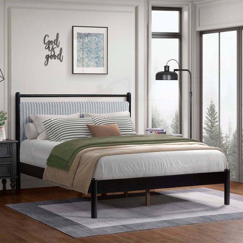 Luxurious Bed with Headboard for Optimal Comfort - Black+Grey-Queen Size