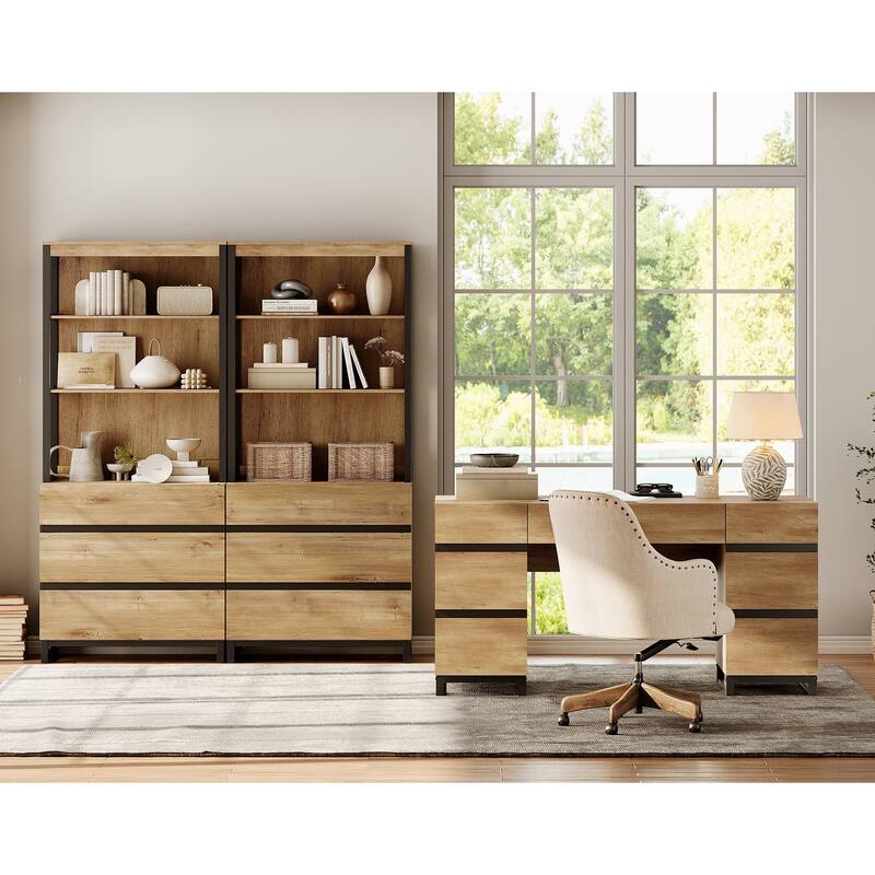 59In Modern Executive Desk With Charging Station & Drawers And 2 PCS 72In Tall BookcasesFor Living Room, Bedroom