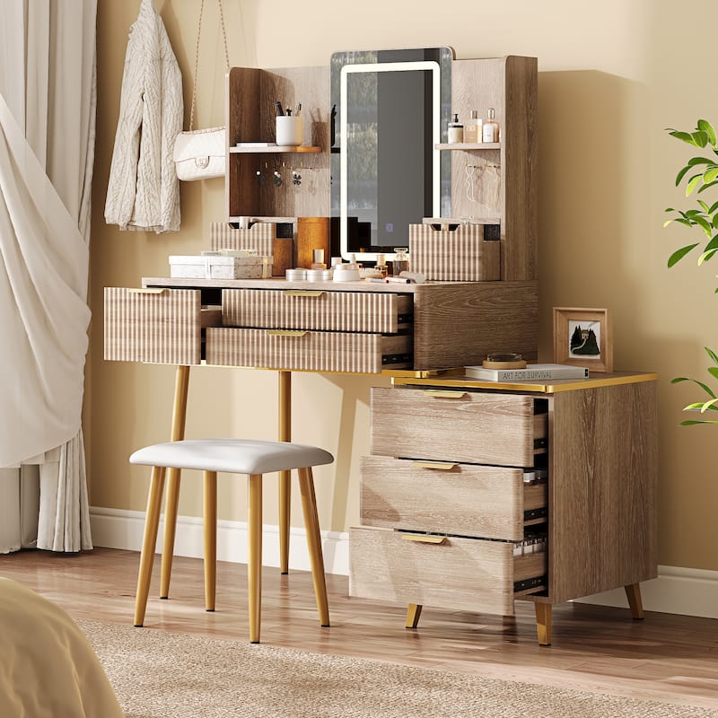 7-Drawer Vanity Desk with LED Mirror, Carved Fluted Details, Metal Legs & PU Stool - Yellow Brown