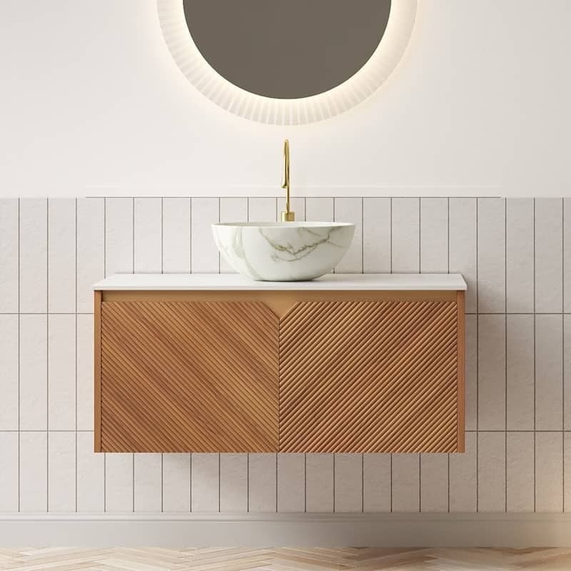 Wall-mounted Bathroom Vanity with Bowl Vessel Basin - 36 - Brown Oak+Stone White