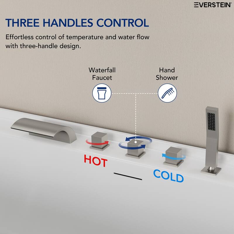 5-Hole 3-Handle Deck-Mount Waterfall Tub Faucet with Hand Shower,Waterfall Spout Bathtub Faucet