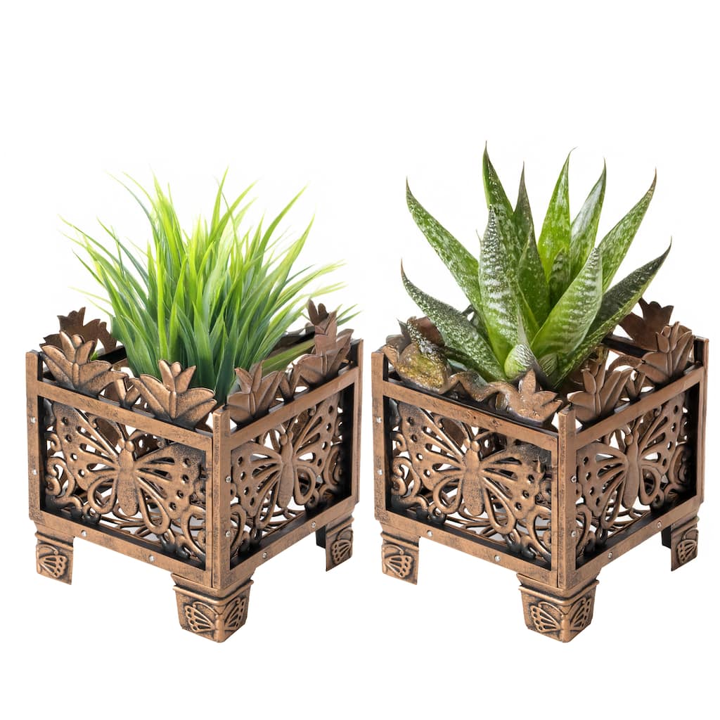 Set of 2 Outdoor Living Butterfly Square Plant Stands, Decorative Flower Planting Pots, Antique Bronze Finish, Patio Decor