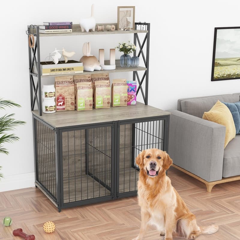 Heavy Duty Dog Crate Furniture 4Door Wooden Kennel with Storage Shelves Flip Door