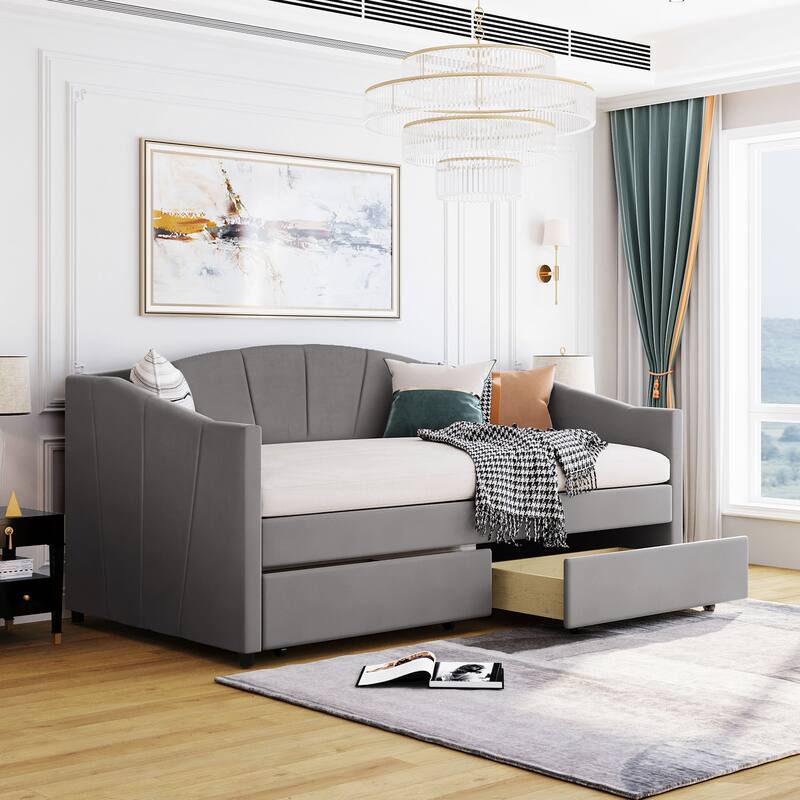 Elegant Twin Daybed with Velvet Upholstery, Drawers for Storage, and Sturdy Frame - Gray