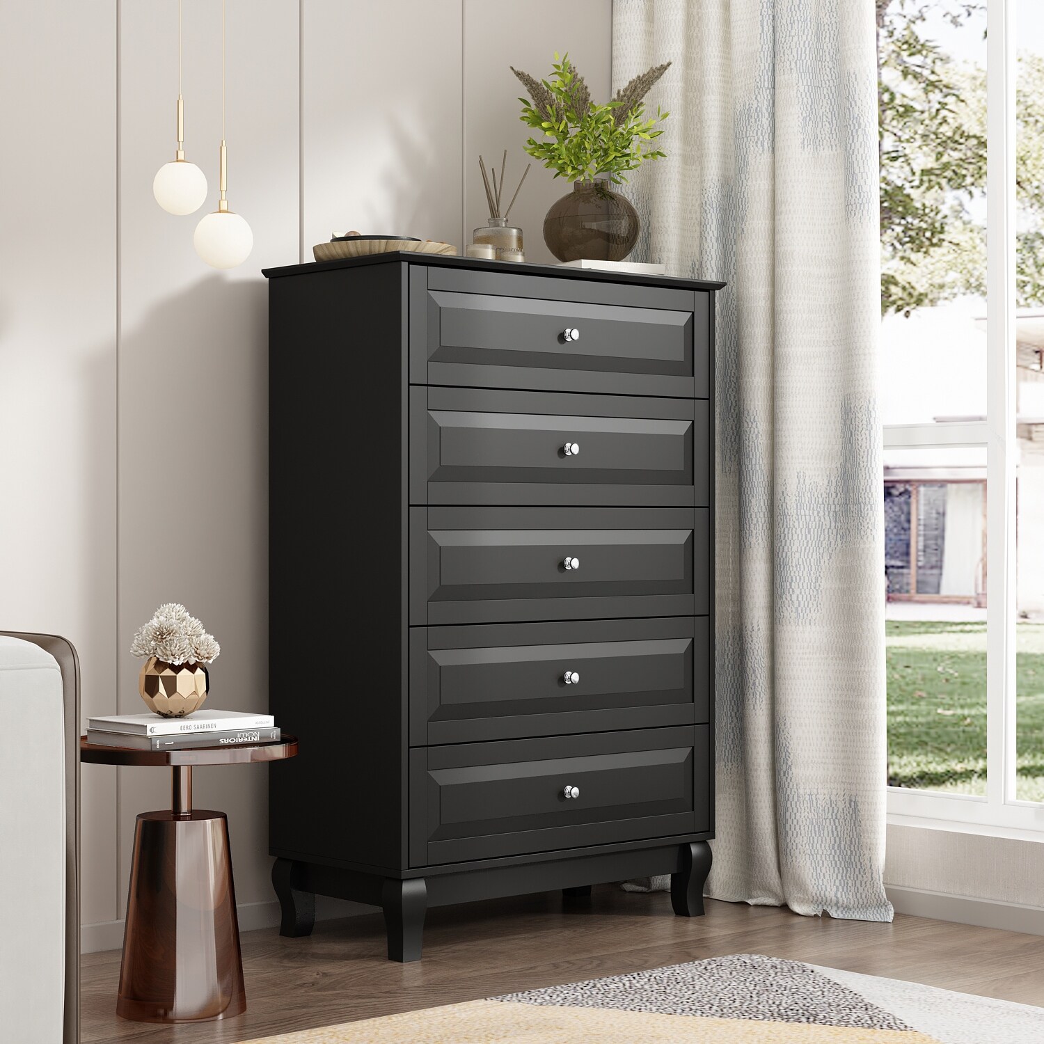 Modern Dresser Storage Chest with 5 Drawers Console Table BlACK WHITE