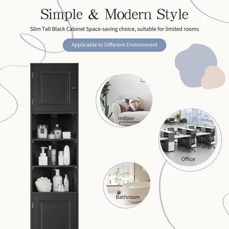 Triangle-shaped Designed Tall Corner Cabinet for Bathroom with 2 Doors, Open Shelf and Adjustable Shelves - Anti-tipping Device