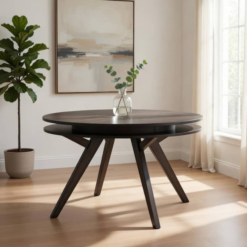 Round Wooden Dining Table with Storage Shelf, Dark Brown
