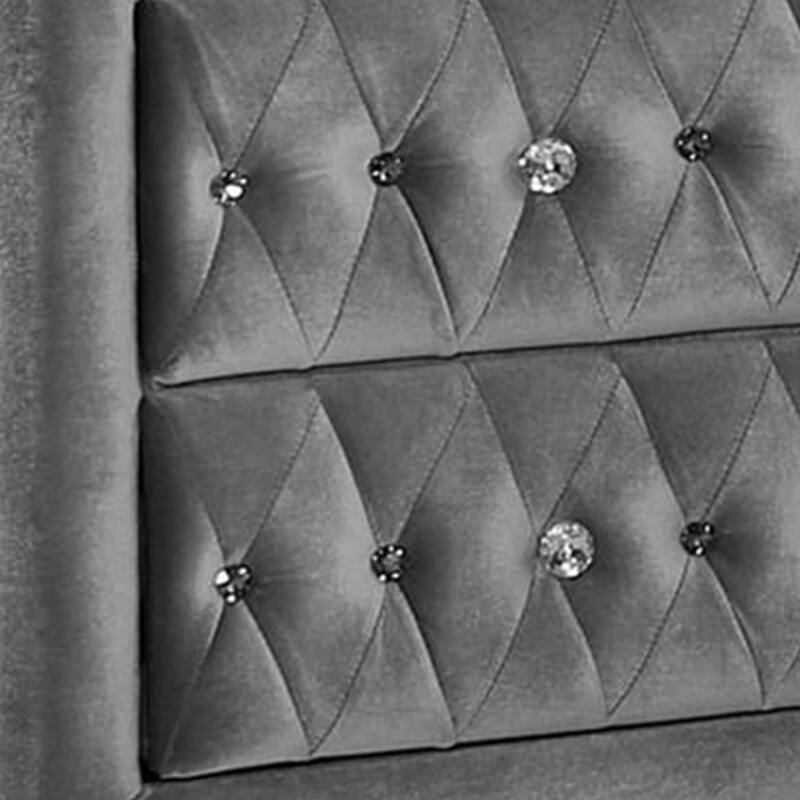 Rea Nightstand, 26 Inch, 2 Drawers, Button Tufted Gray Fabric