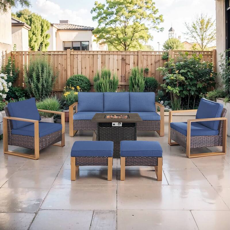 Pocassy Outdoor Fire Pit Conversation Set 3-Seat Sofa Chairs Patio Furniture Set - Brown Wicker Blue Cushion - 6-Piece Sofa Patio Chair Ottoman with Fire Table