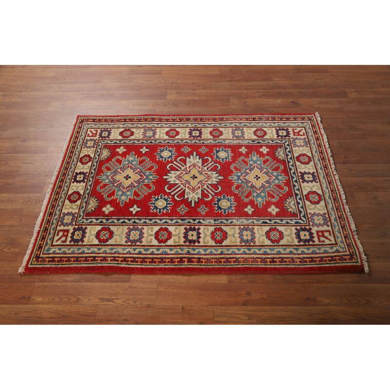 Red Kazak Foyer Rug Hand-Knotted Geometric Wool Carpet - 3'0"x 4'0"