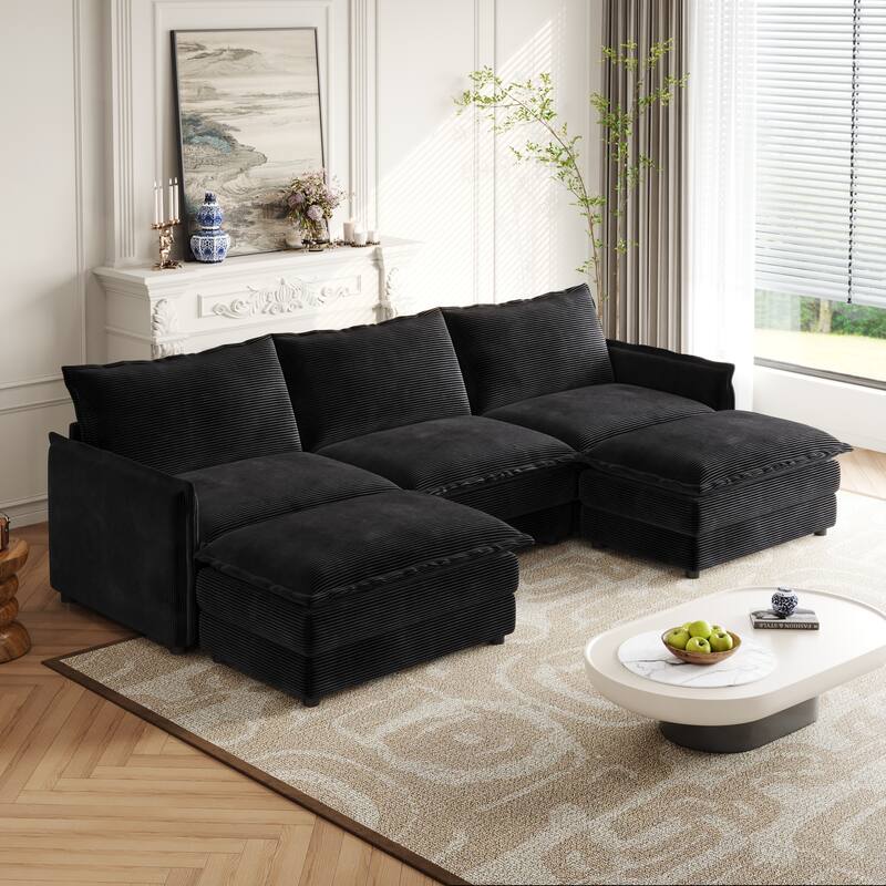 109" Corduroy 3-Seater Cloud Sectional Sofa with 2 Ottomans