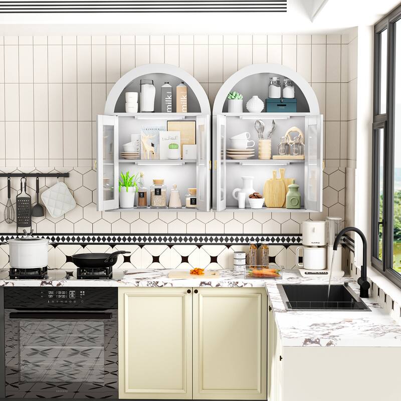 Wall Mounted Arched Cabinet with Glass Doors, Light and Adjustable Shelves for Laundry Room, Bathroom, Kitchen