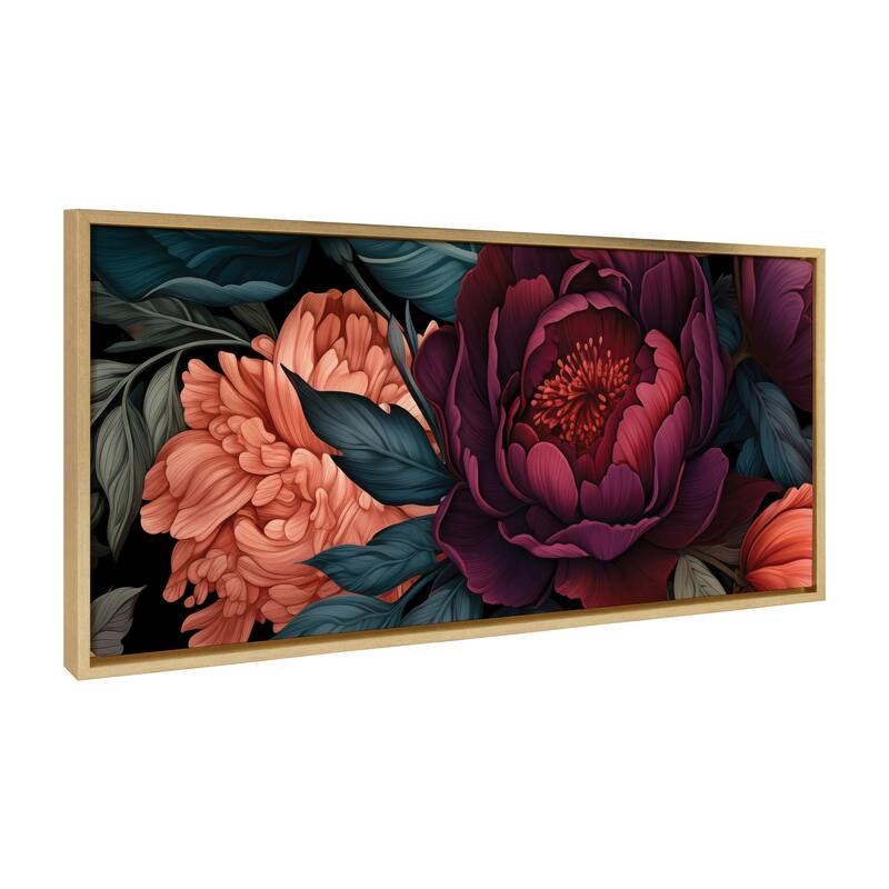Kate and Laurel Sylvie Dark Academia Floral in Rich Jewel Tones Framed Canvas by The Creative Bunch Studio - 18x40 - Yellow