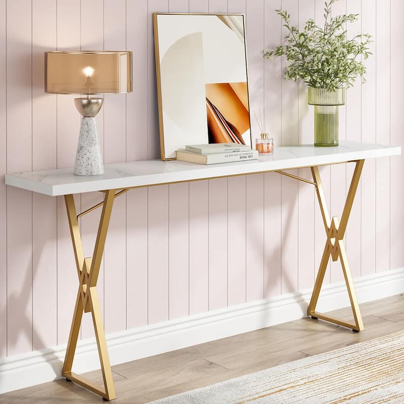 White Wood Metal Console Table Entryway Narrow Sofa Table Behind Couch