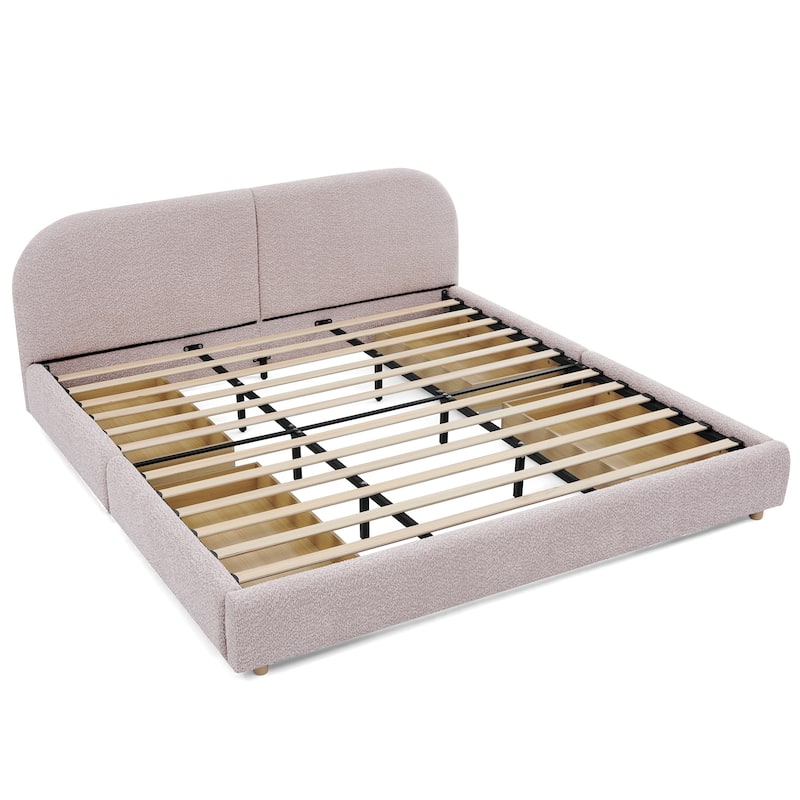 Fabric Upholstered Platform Bed Frame with Curved Headboard/4 Built-in Wheeled Storage Drawers/Sturdy Legs Support/Easy Assembly