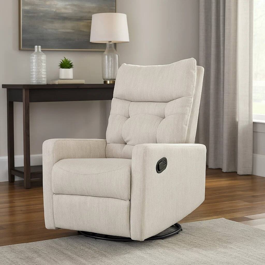 Manual Recliner Chair, Glider and Swivel Mechanism, Beige Fabric