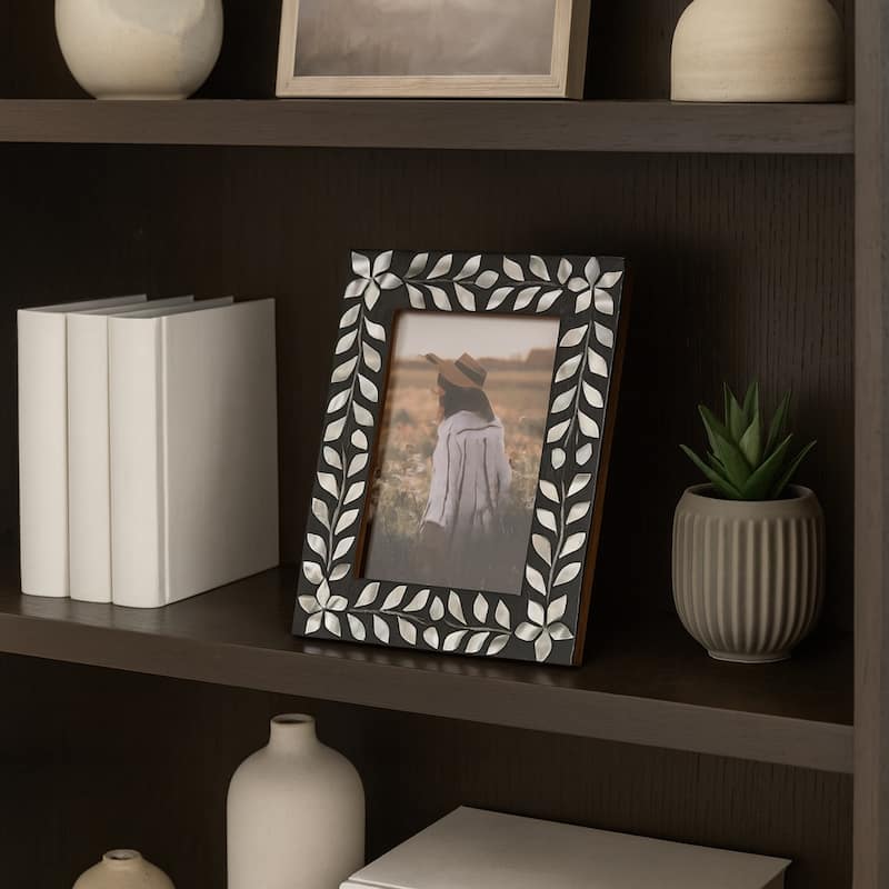 Sagebrook Home Mother Of Pearl Inlay Vine Photo Frame, Black, Rectangle - 8" x 1" x 10"