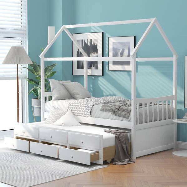 slide 2 of 9, White Wooden House Bed with Trundle, 3 Storage Drawers, and Pull-Out Trundle Twin - White