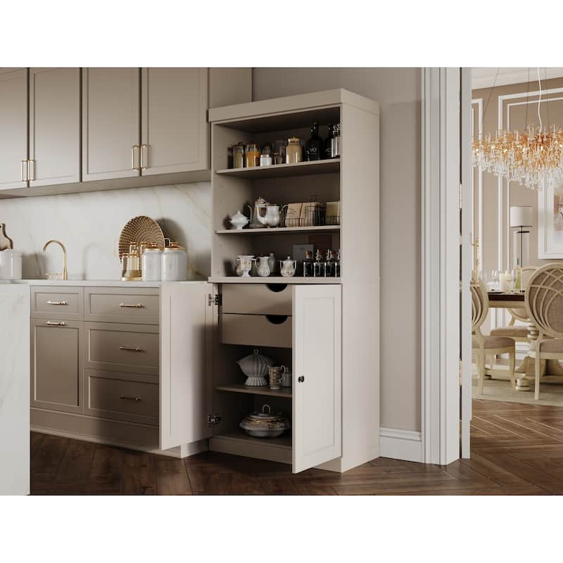 100% Solid Wood Kitchen Pantry Cabinet with 2 Clear Glass or Solid Wood Doors and 2-Drawer Organizer by Palace Imports - Beige - Solid