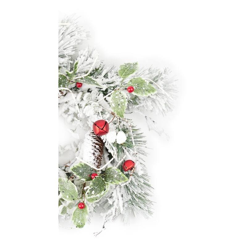 Flocked Pine Holly Sleigh Bell Christmas Candle Ring - 18"