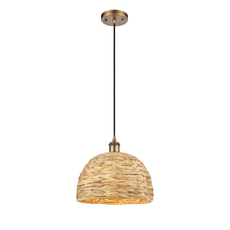 Innovations Lighting Woven Rattan - 1 Light 12" Cord Hung Pendant - Brushed Brass/Natural Rattan
