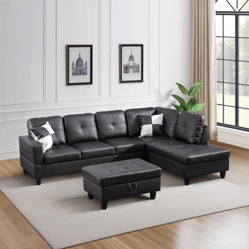 Sleek 3-Piece Black Faux Leather Couch Set, Modern Elegance for Your Living Room - Black
